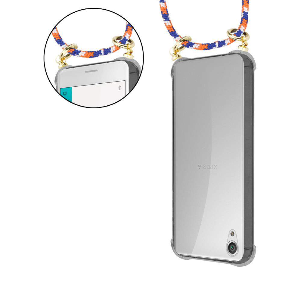 Ein Smartphone mit einem durchsichtigen Gehäuse und einem Lanyard.