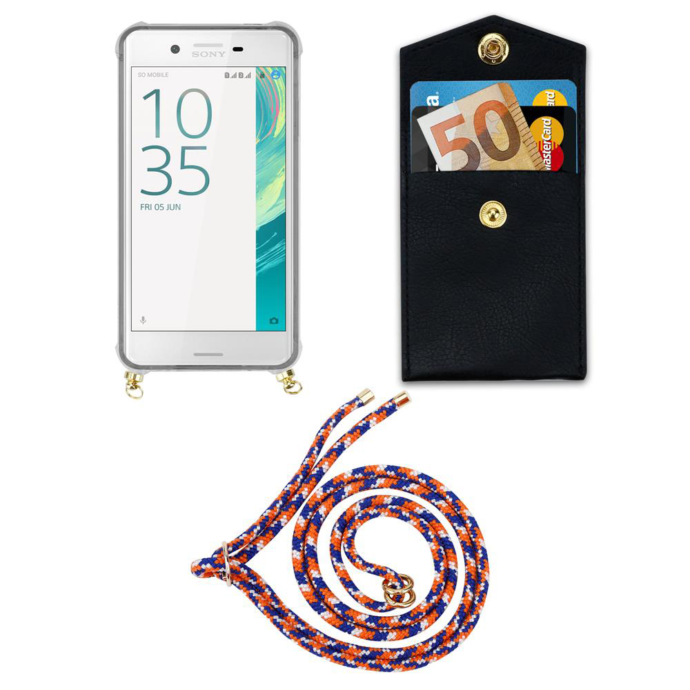 Smartphone mit Hülle, schwarze Geldbörse mit Geld und Karten, bunte Kordel.
