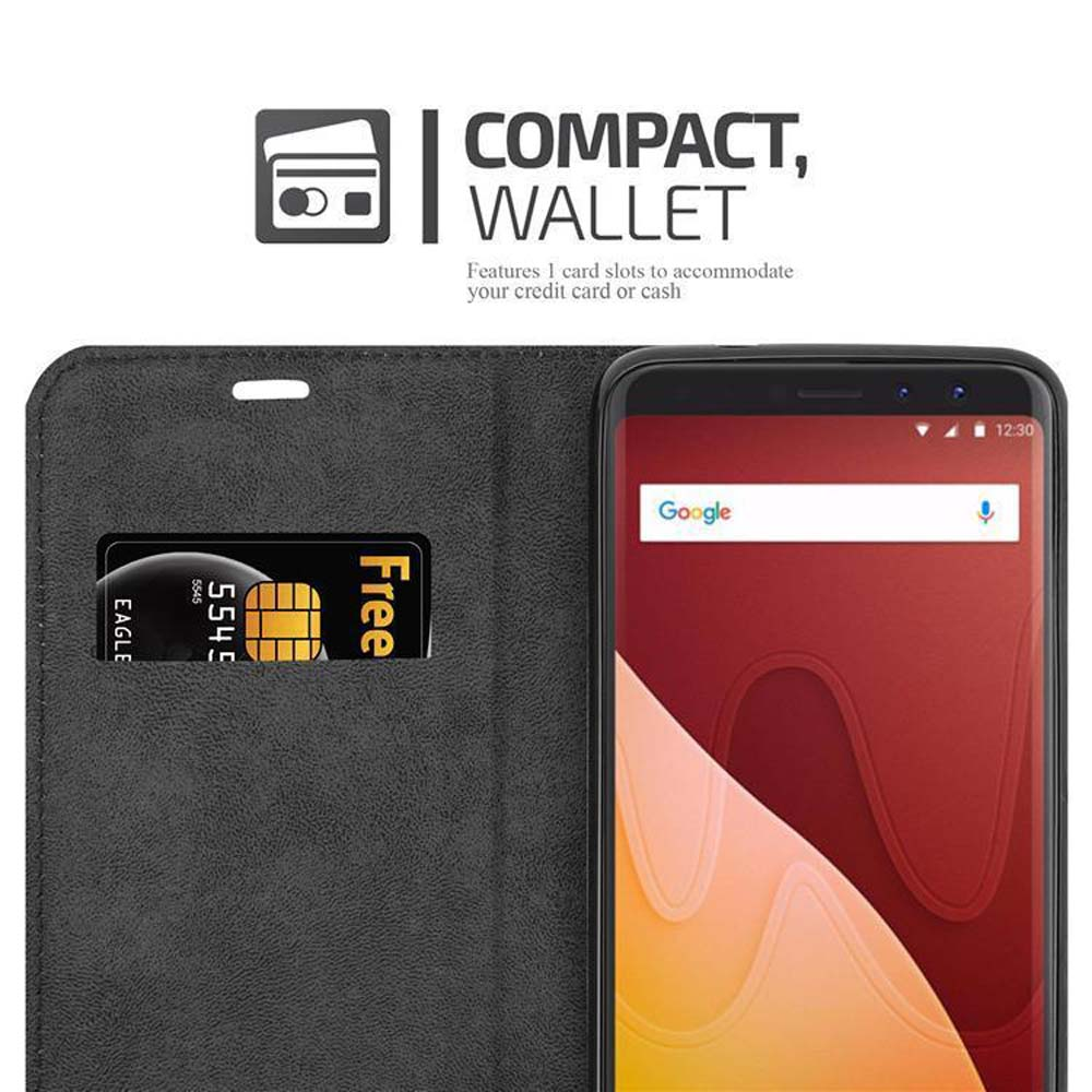 Portafoglio nero con telefono, una carta e testo.