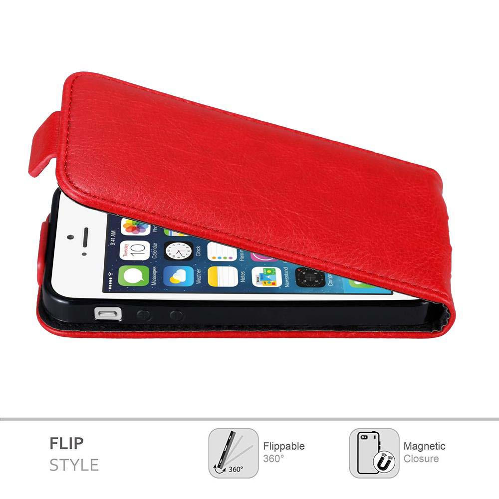 Funda roja de cuero para smartphone, abierta mostrando la pantalla con apps.