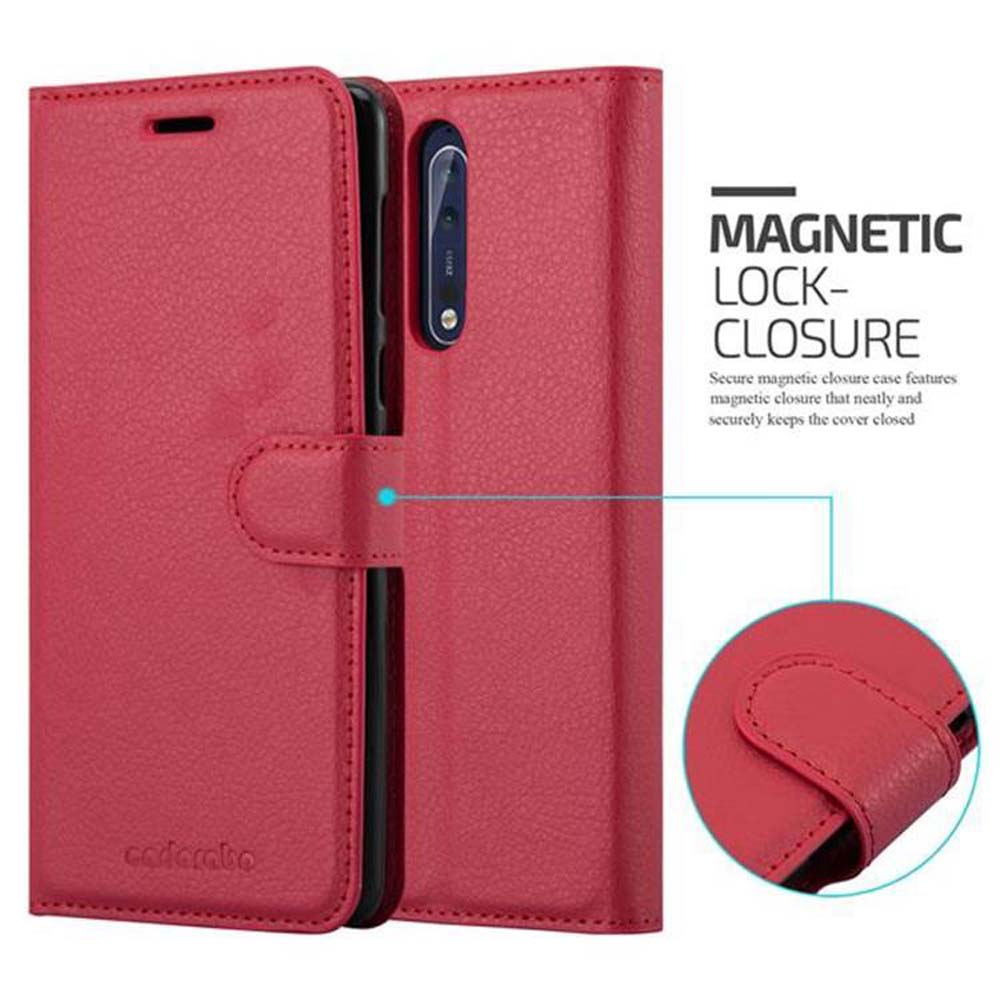 Custodia rossa a libro per telefono con chiusura magnetica e ritaglio.