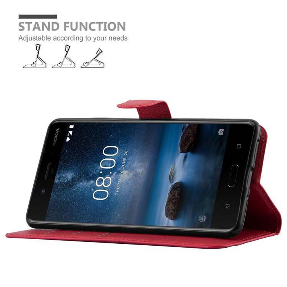 Custodia rossa per telefono con funzione stand, mostra un Nokia alle 08:00.