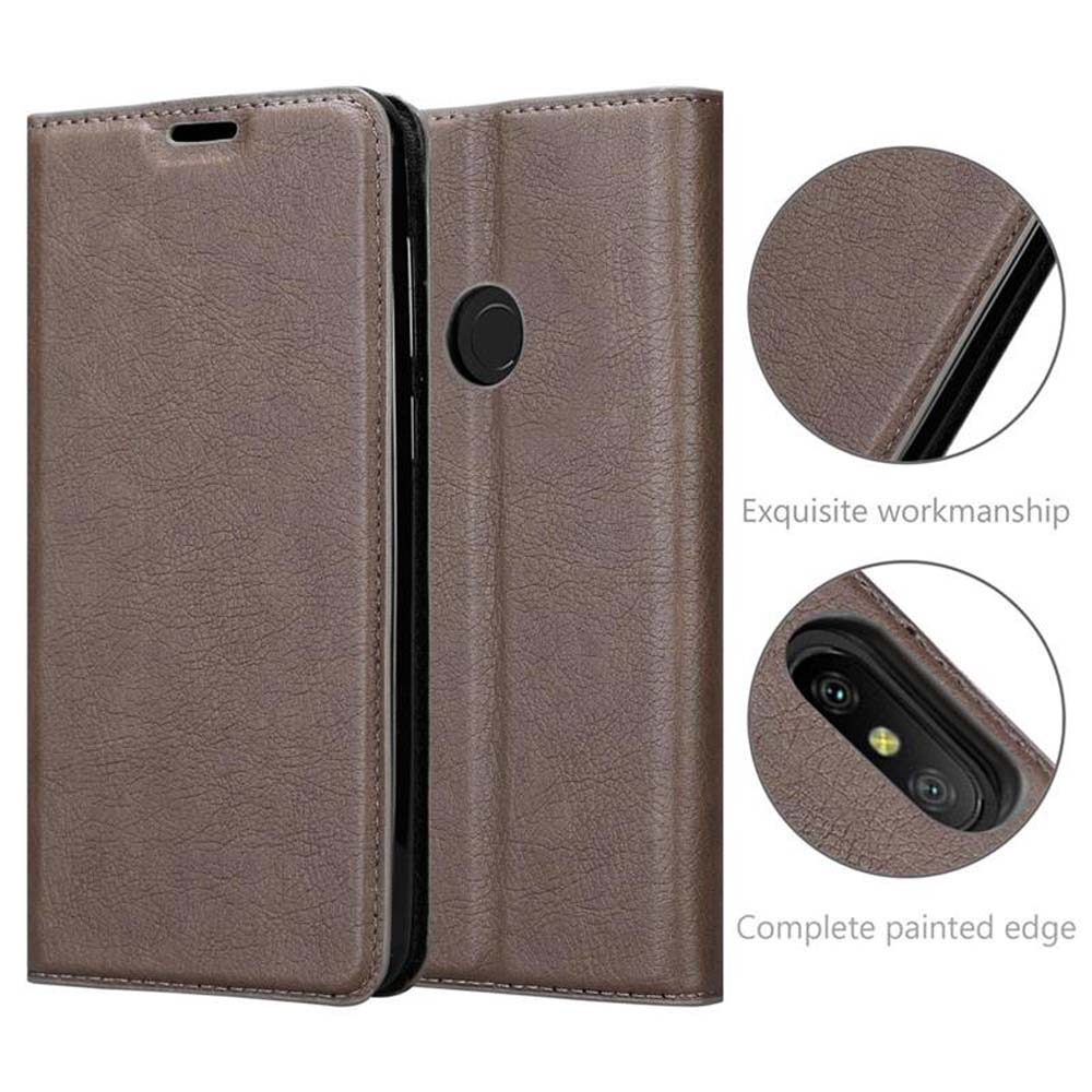 Custodia in pelle marrone per telefono con flip cover e ritaglio fotocamera.