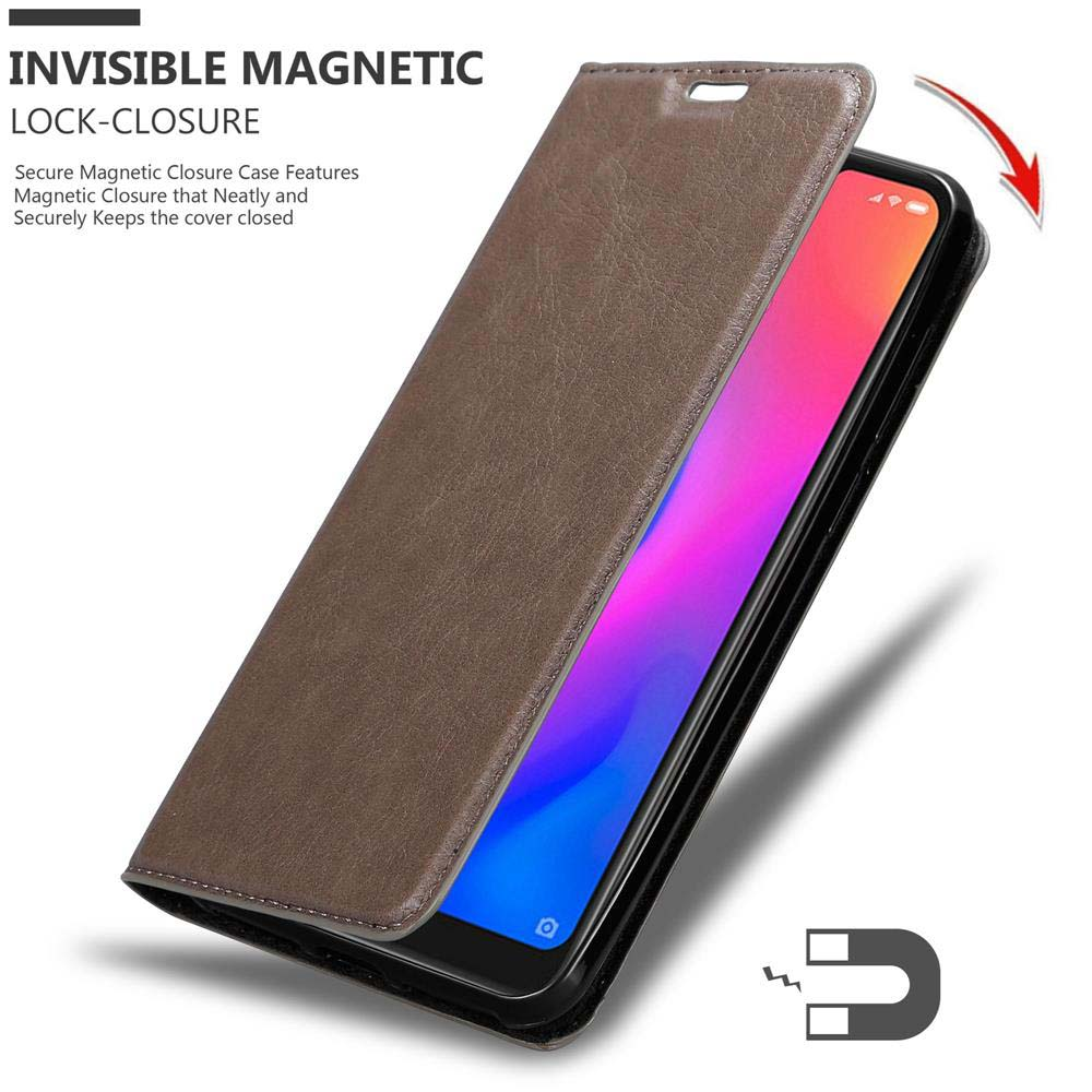 Custodia per telefono marrone con chiusura magnetica, parzialmente aperta, schermo visibile.