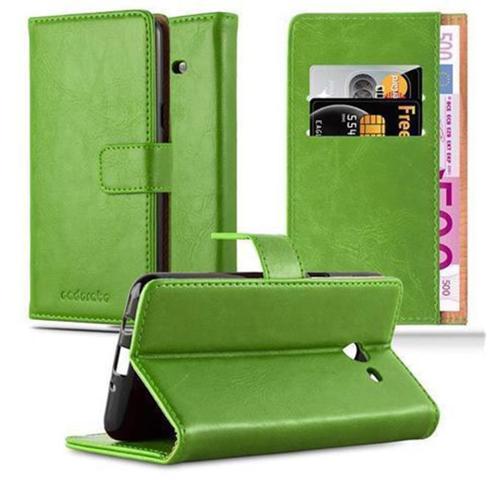 Funda verde para teléfono con ranuras para tarjetas y tarjetero.