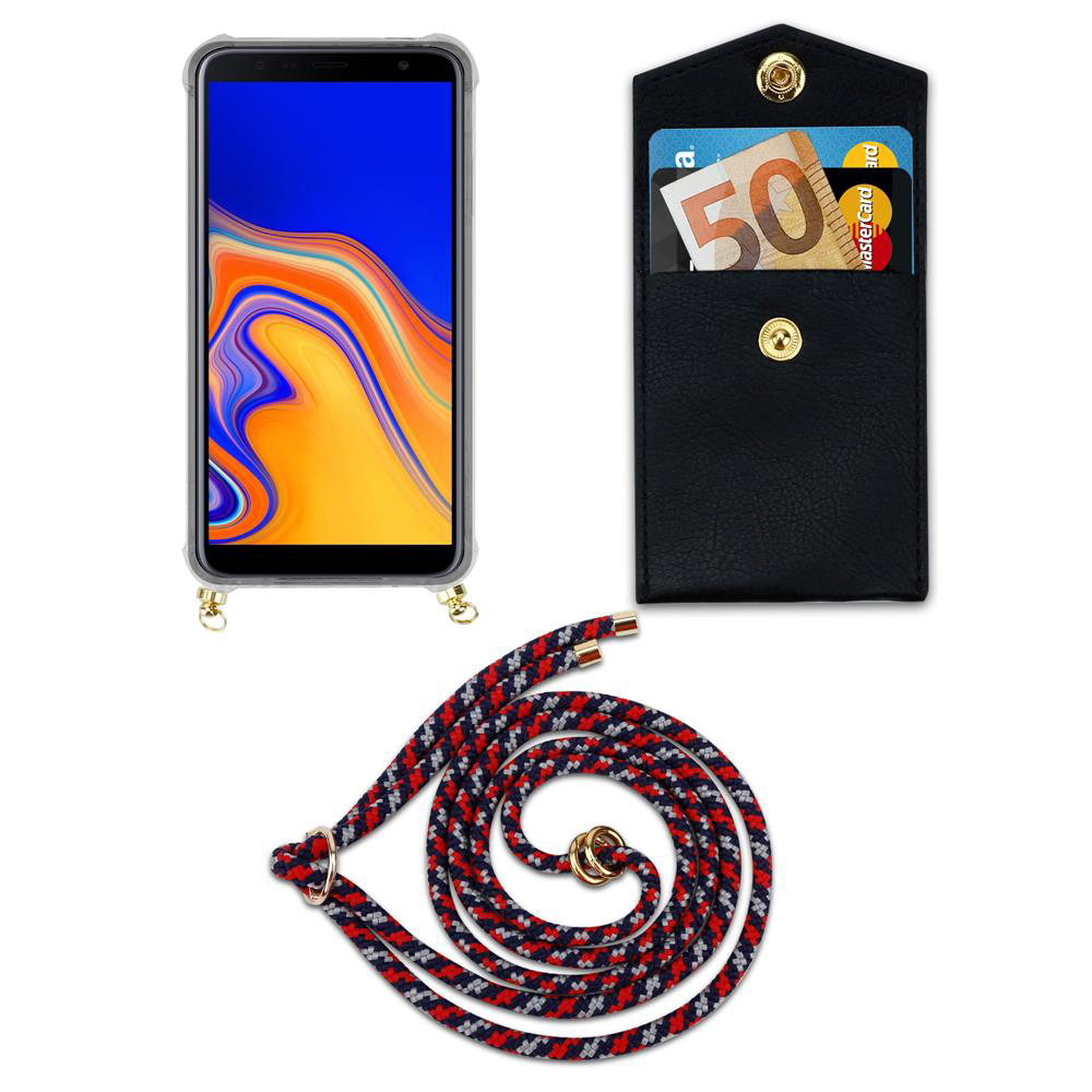 Smartphone con custodia, portafoglio carte con soldi e carte, e cordino.