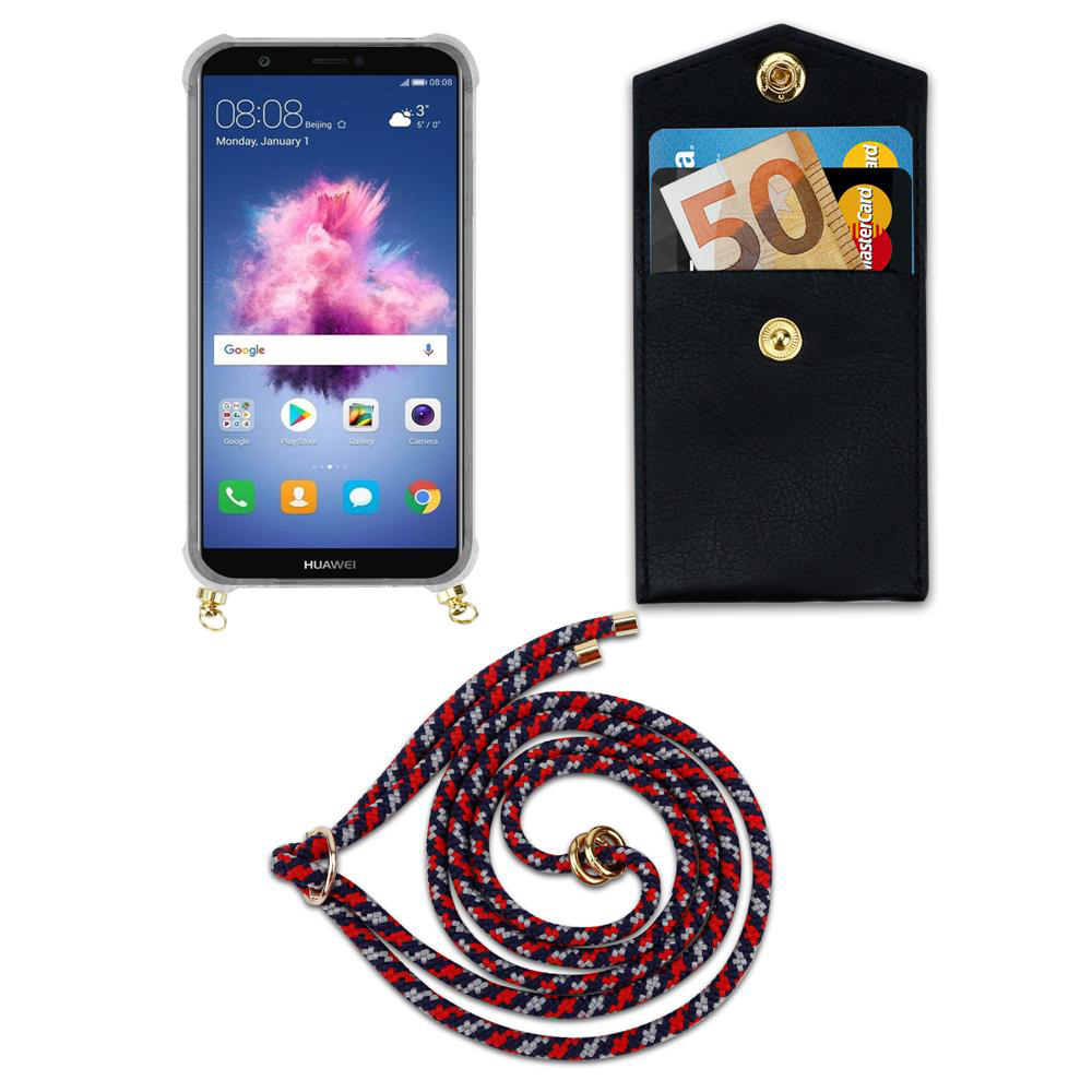 Uno smartphone con portafoglio, carte, contanti e cordino.