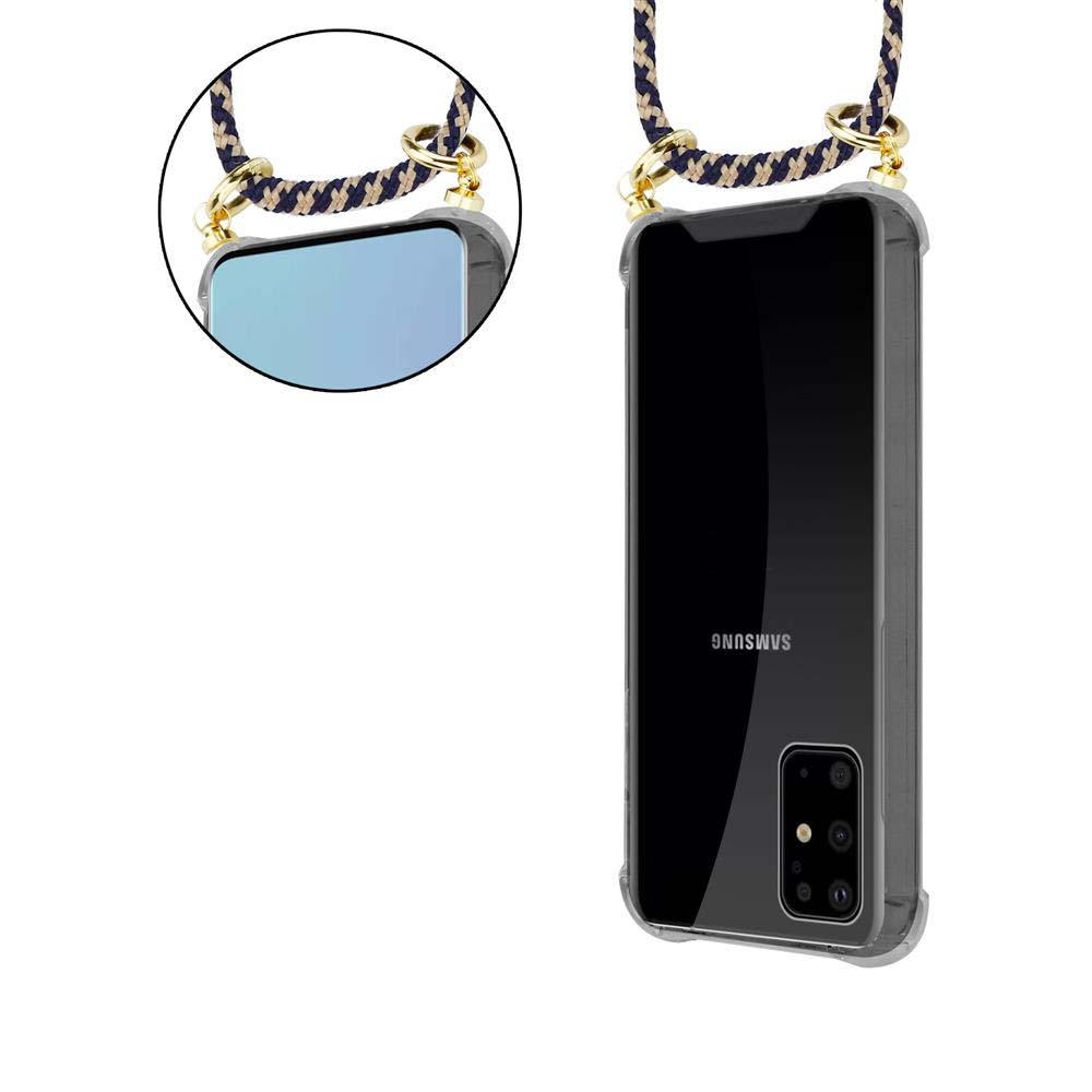 Uno smartphone in una custodia trasparente con un laccio.