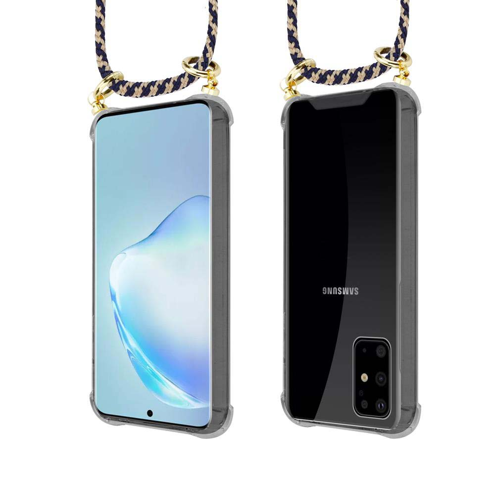 Uno smartphone in custodia trasparente con laccetto