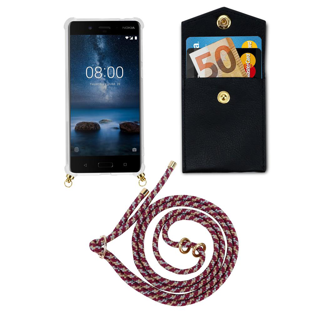 Nokia-Handy mit Hülle, Kartenetui mit Euro-Schein und Lanyard