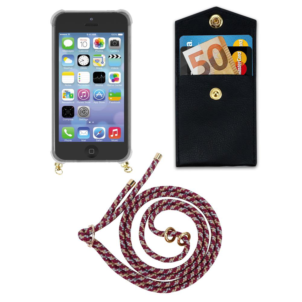 iPhone in custodia, tasca nera con soldi e carte, e un cordino.