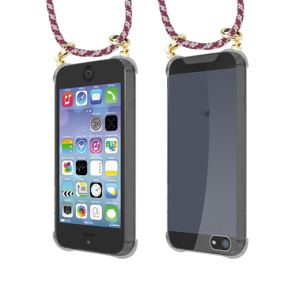 Due iPhone in custodie trasparenti con cinghie fantasia. Vista frontale mostra icone schermo.