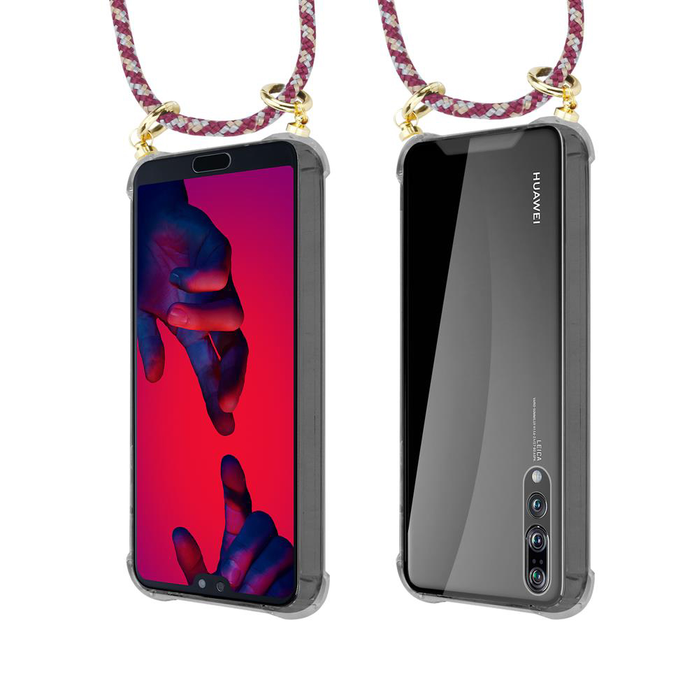 Due smartphone Huawei con cordino. Uno schermo rosso, l'altro retro nero.