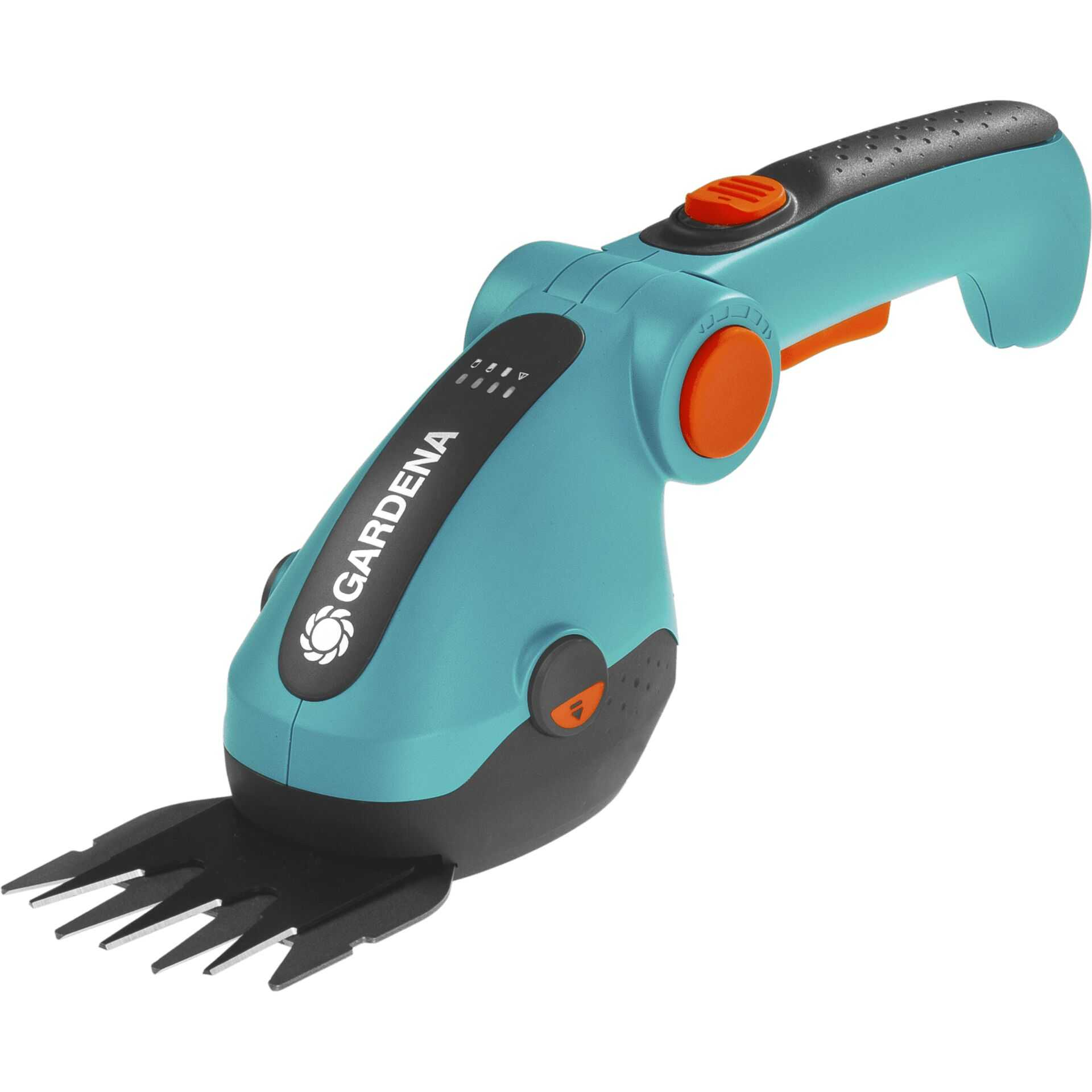 Ein türkisfarbener Akku-Rasentrimmer mit orangefarbenen Akzenten und schwarzen Schneidklingen.