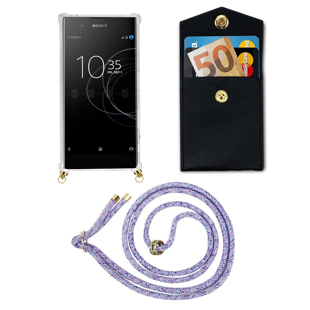 Sony-Handy mit durchsichtiger Hülle, schwarzer Kartenhalter mit 50-Euro-Schein, lila Trageband.