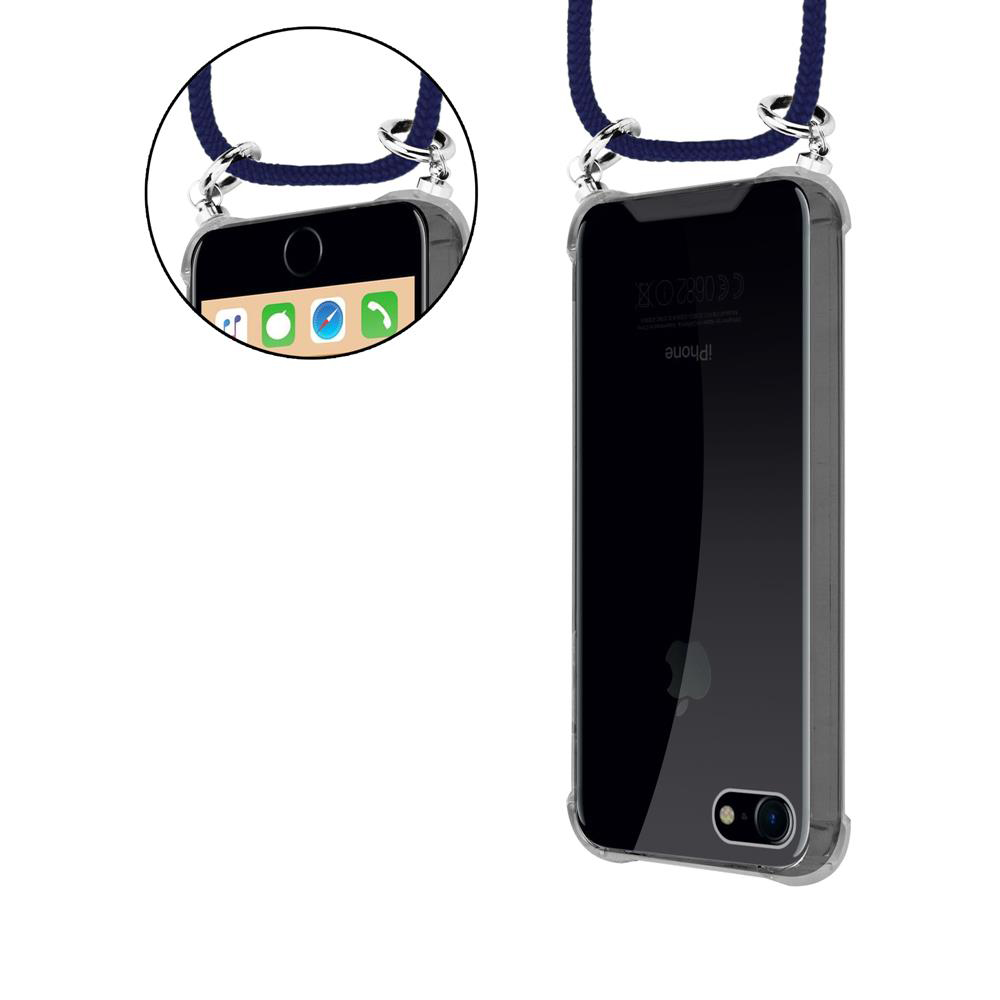 iPhone in custodia con laccetto, vista frontale e posteriore.