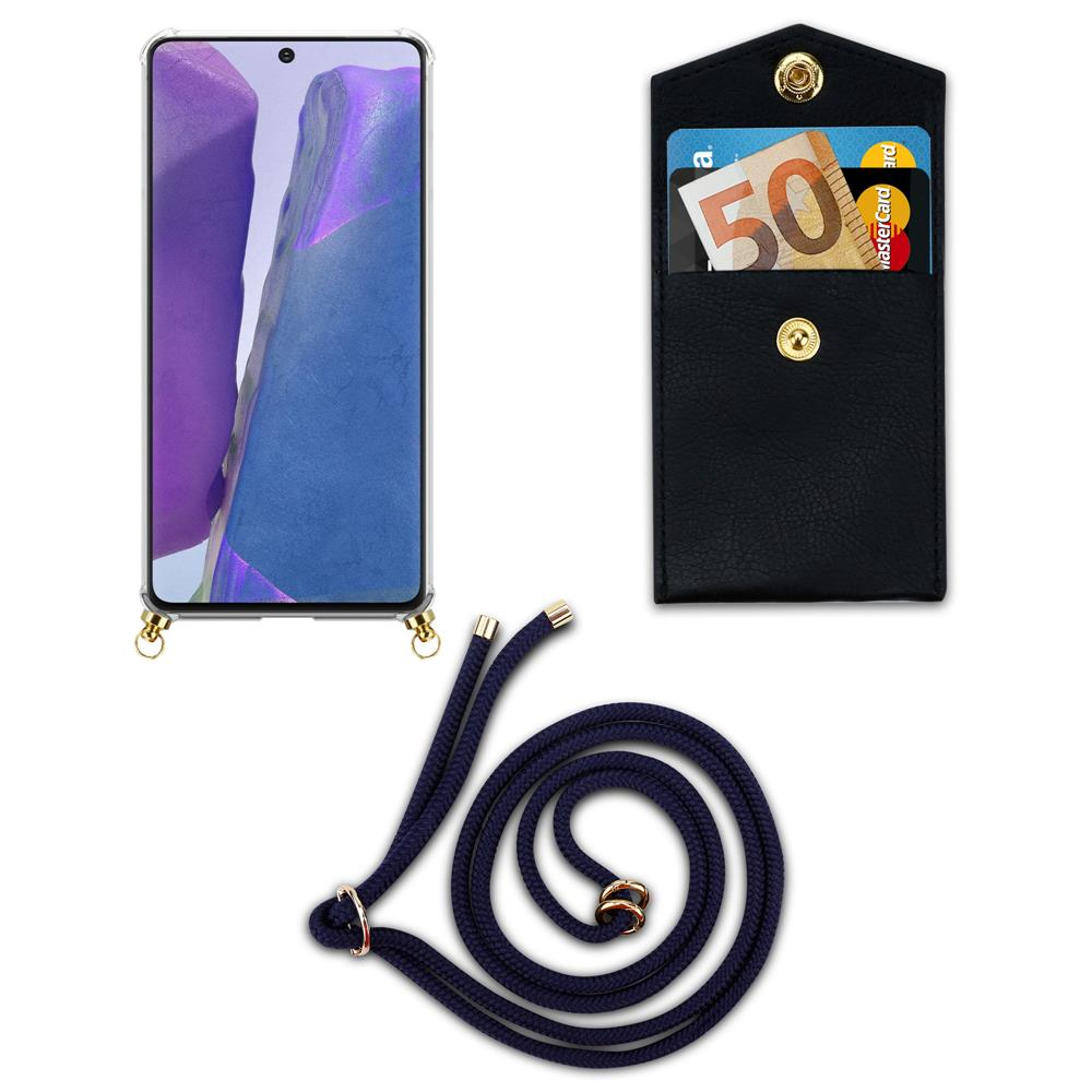 Smartphone in custodia con cordino, porta carte nero con soldi e carte.