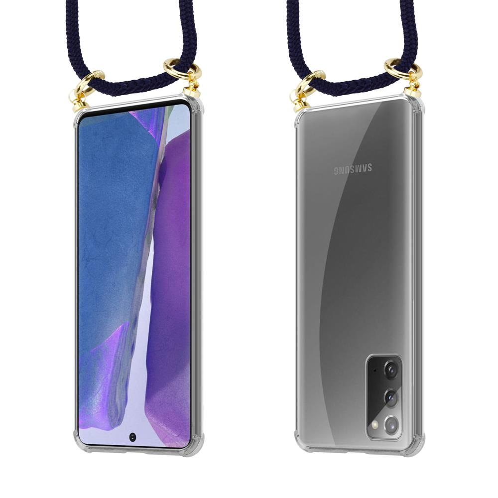 Due telefoni Samsung in custodie trasparenti con laccetto blu.