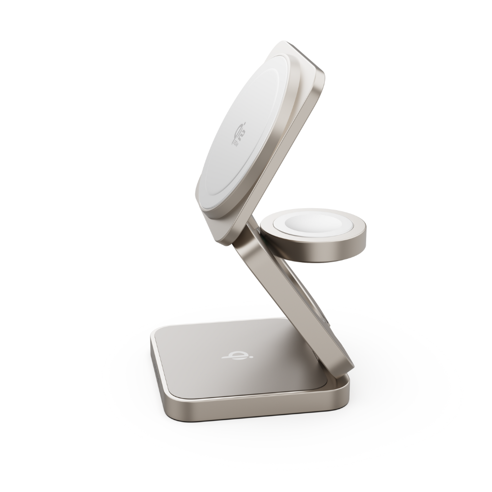 Un supporto di ricarica wireless argentato con due pad di ricarica bianchi.