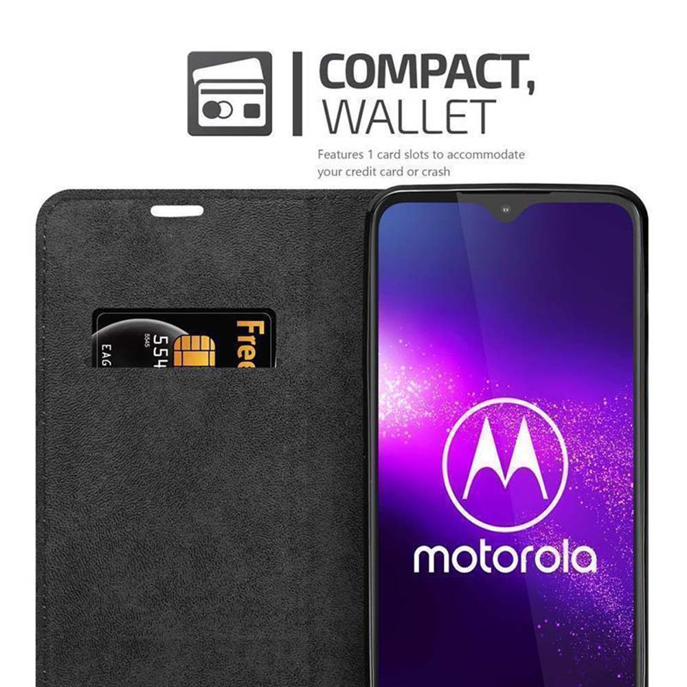 Custodia a portafoglio nera con una carta e un telefono Motorola con logo.