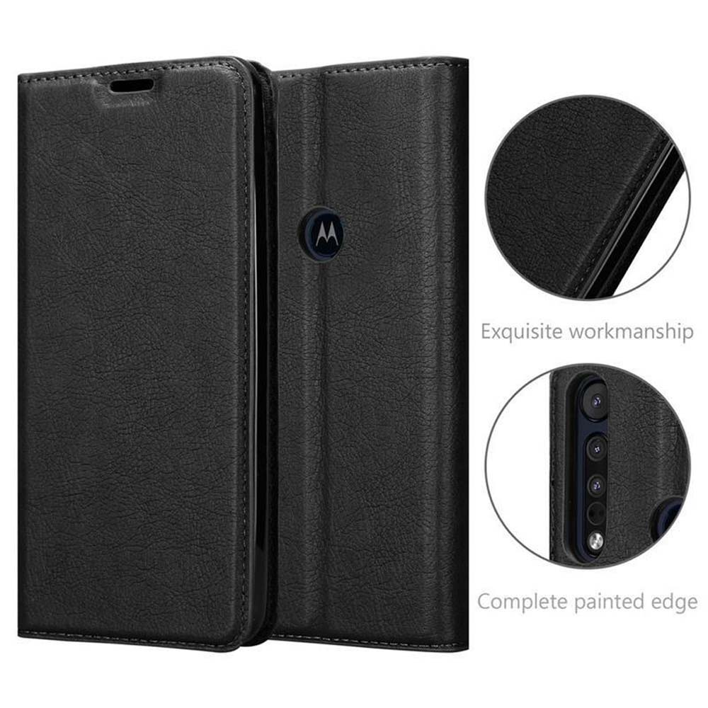 Custodia flip nera Motorola. Dettagli su cuciture e fotocamera in primo piano.