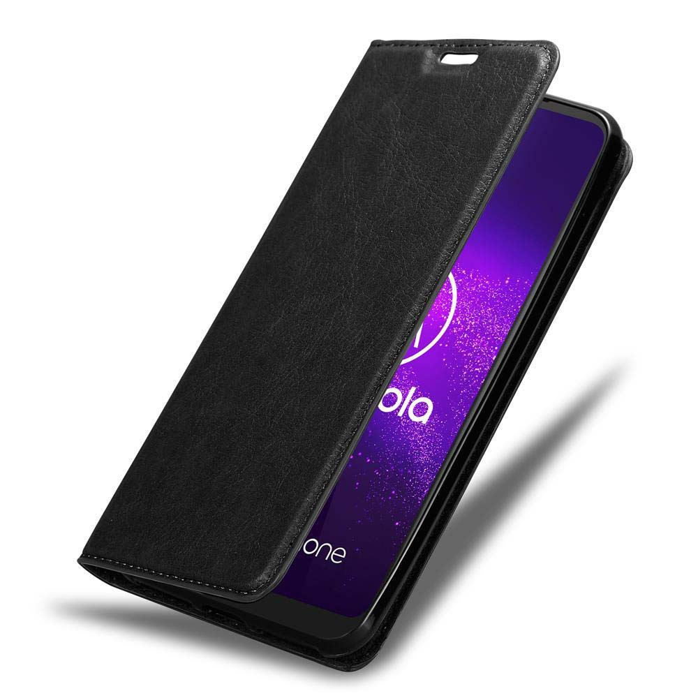 Custodia flip in pelle nera per smartphone con logo Motorola.