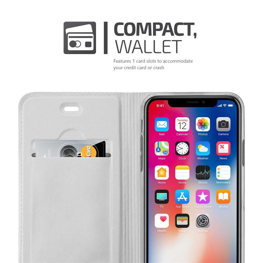 Un portafoglio bianco con una carta e uno smartphone che mostra molte icone di app.