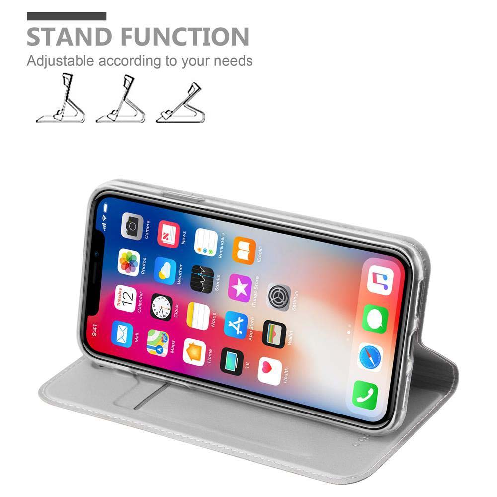 Un iPhone argentato in una custodia aperta che funge da supporto.