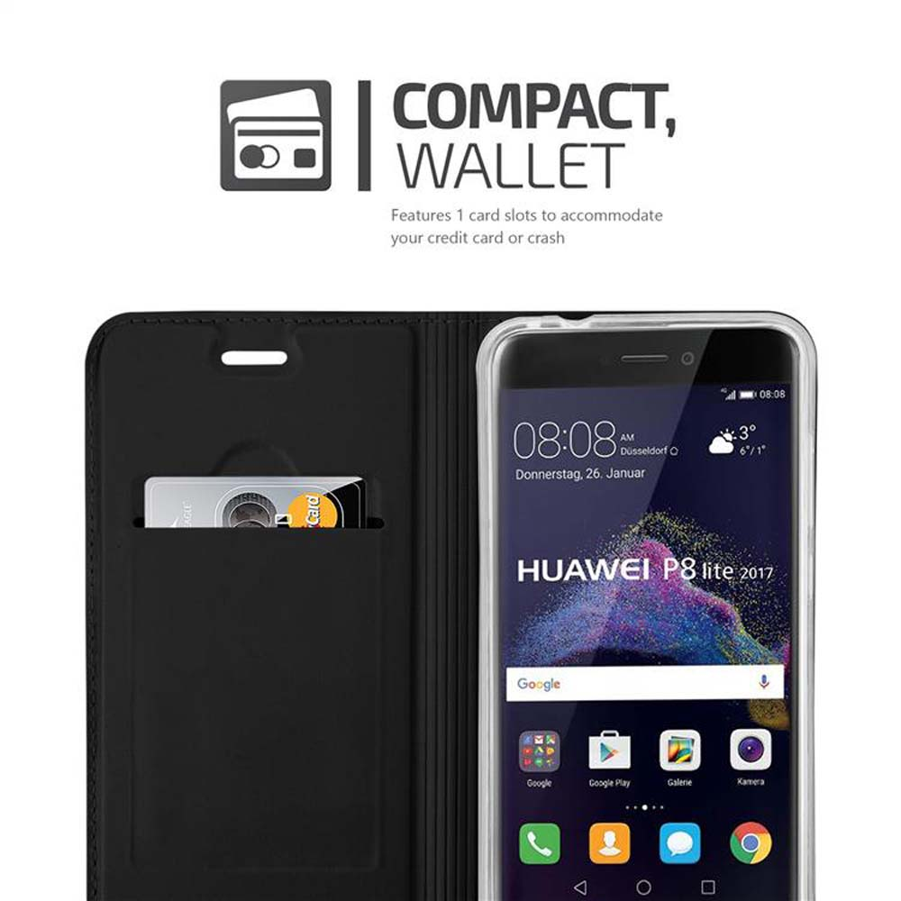Custodia a portafoglio nera con una carta che tiene un Huawei P8 lite 2017.