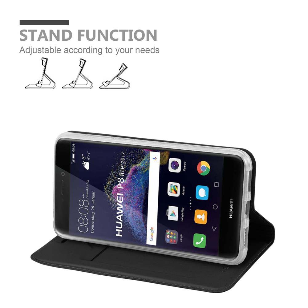 Una custodia a libro nera che mostra Huawei P8 lite 2017 e tre opzioni di supporto.