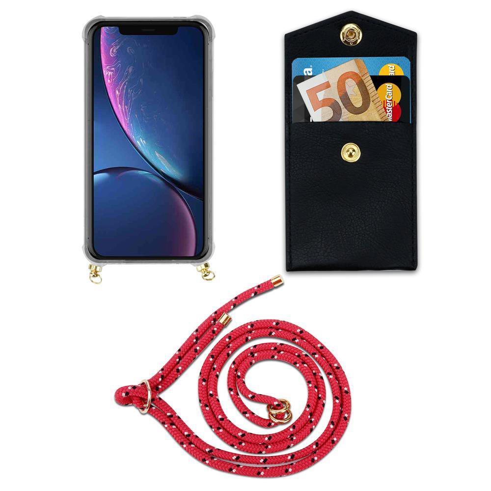 Uno smartphone con custodia trasparente, un portafoglio nero e un cordino rosso.