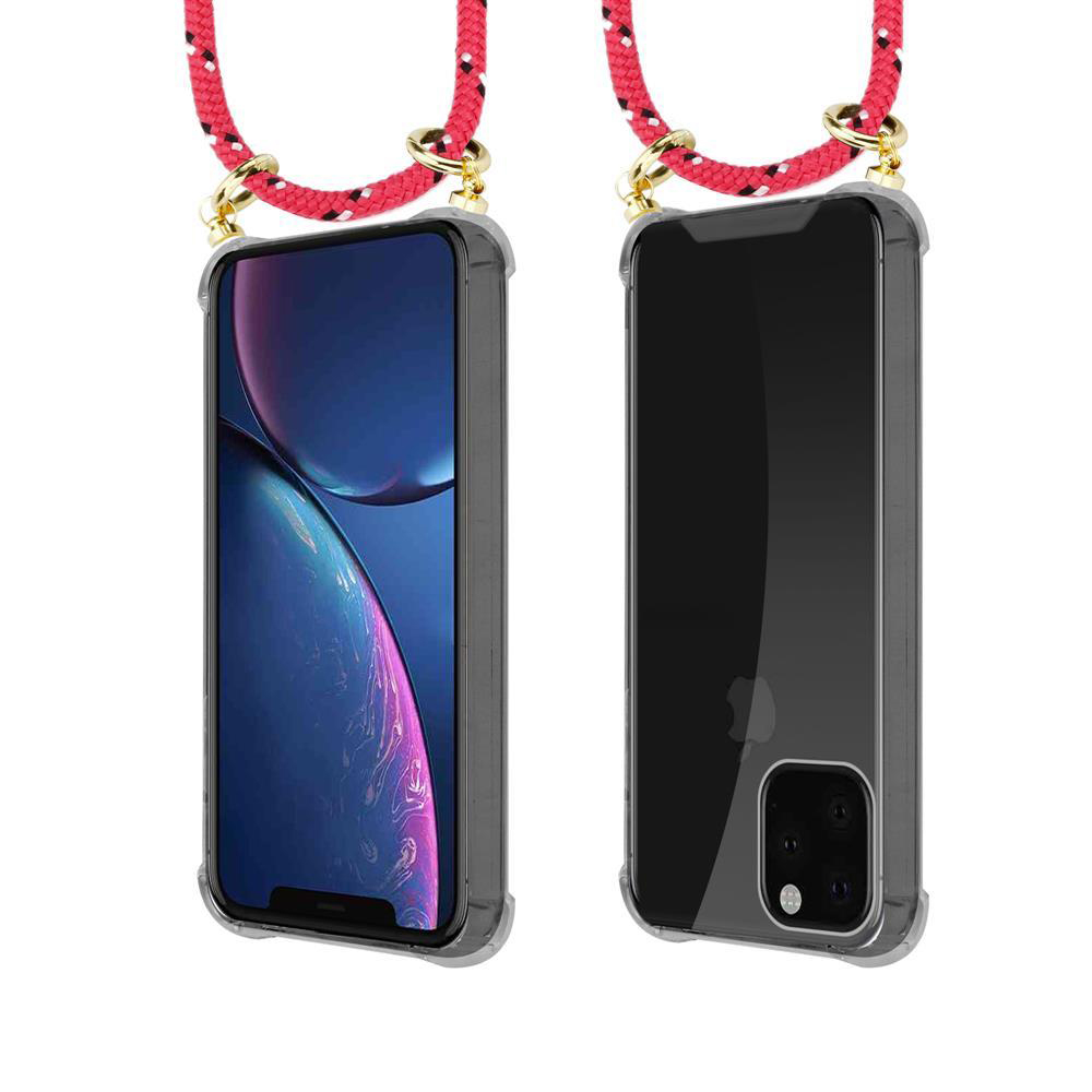 Due smartphone in custodie trasparenti con laccetto rosso, accento bianco, hardware dorato.