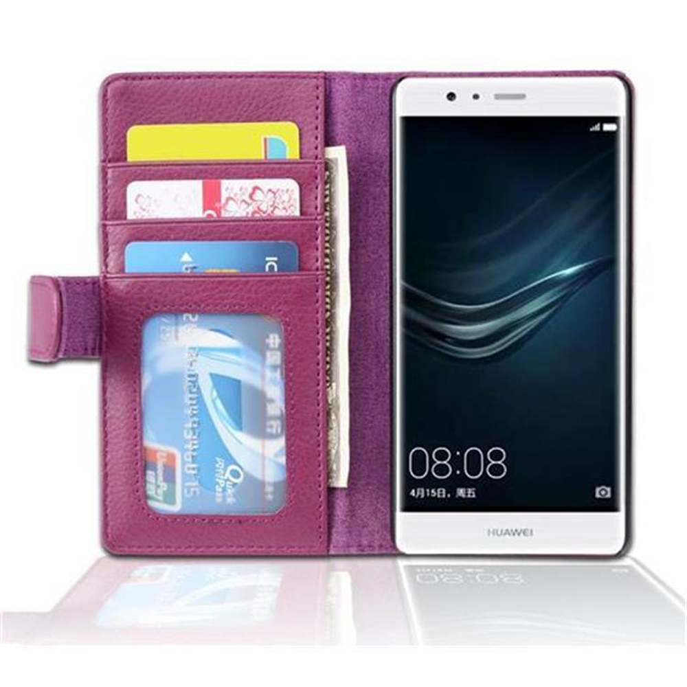 Portafoglio viola con telefono, carte e denaro. Il telefono mostra le 08:08.