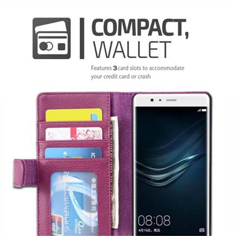 Portafoglio viola con telefono, slot per carte e carte di credito. Mostra 3 slot.