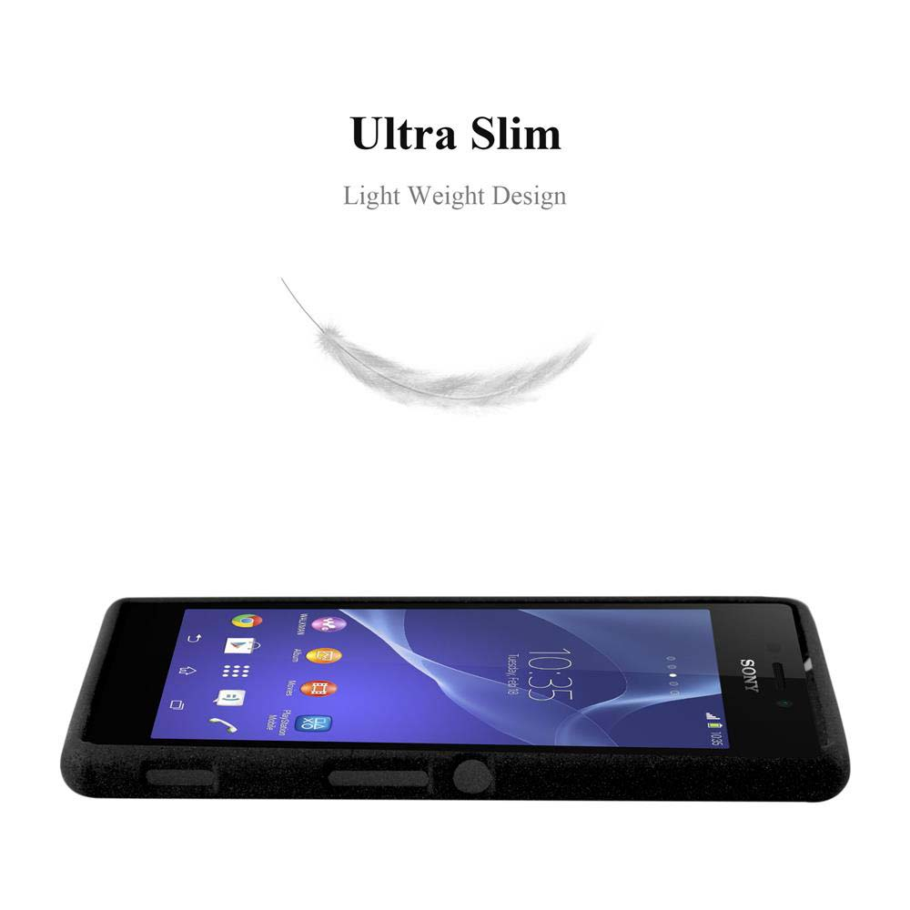 Uno smartphone Sony sottile con un'icona di piuma e testo.