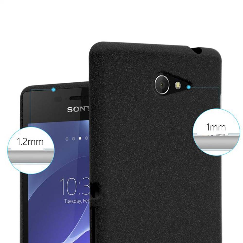 Custodia nera per telefono mostrata su telefono Sony. Spessore 1,2 mm e 1 mm.
