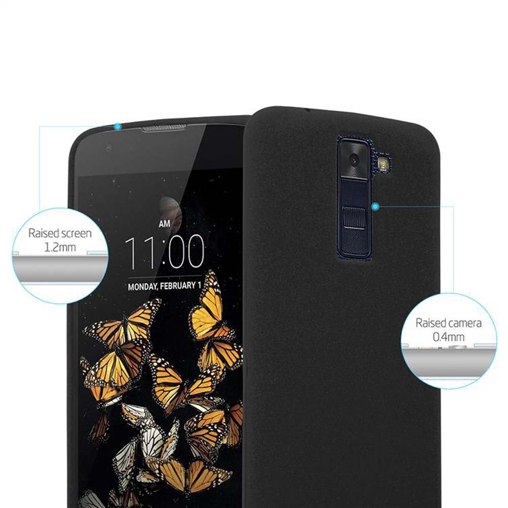 Custodia nera per telefono con bordi rialzati per schermo e fotocamera.