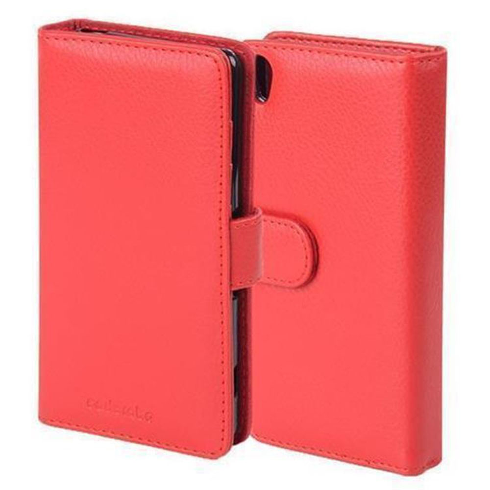 Funda tipo libro de cuero rojo para smartphone, cerrada con correa.
