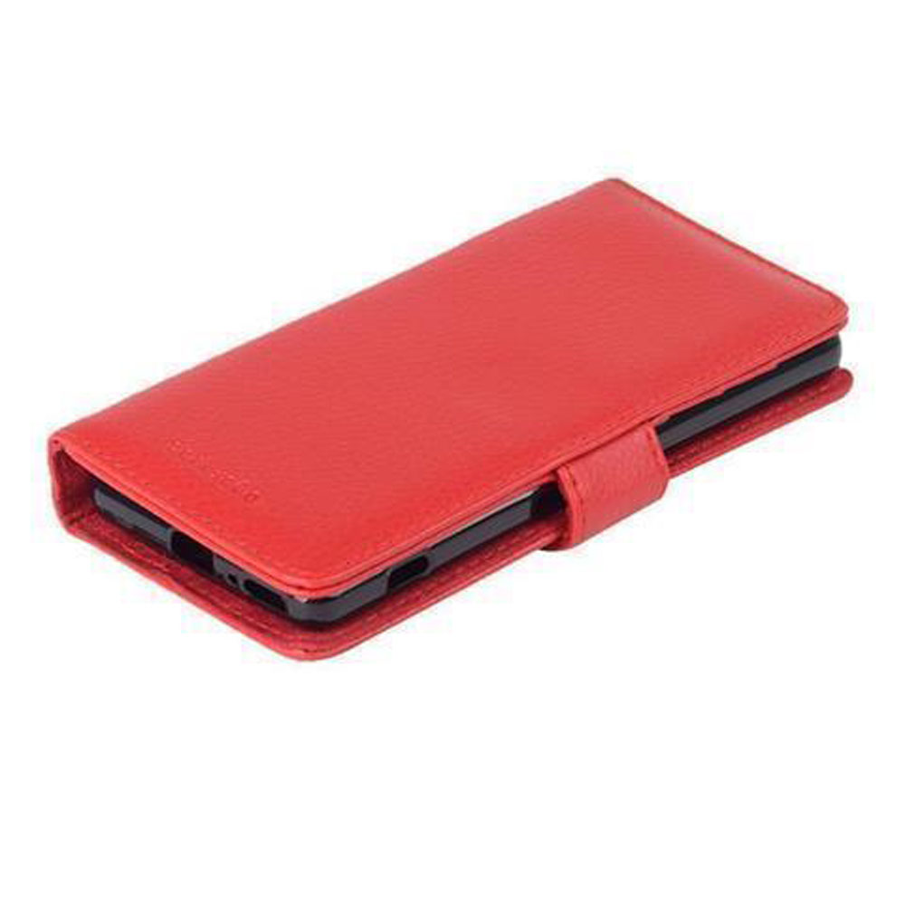 Funda tipo cartera de cuero roja para smartphone, con correa.