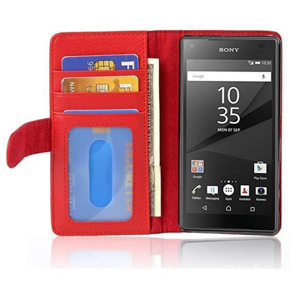 Funda de teléfono tipo cartera roja con tarjetas y smartphone.