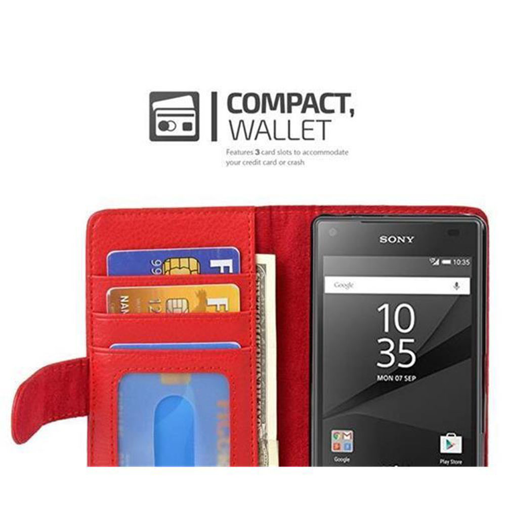 Cartera roja con teléfono y ranuras para tarjetas.