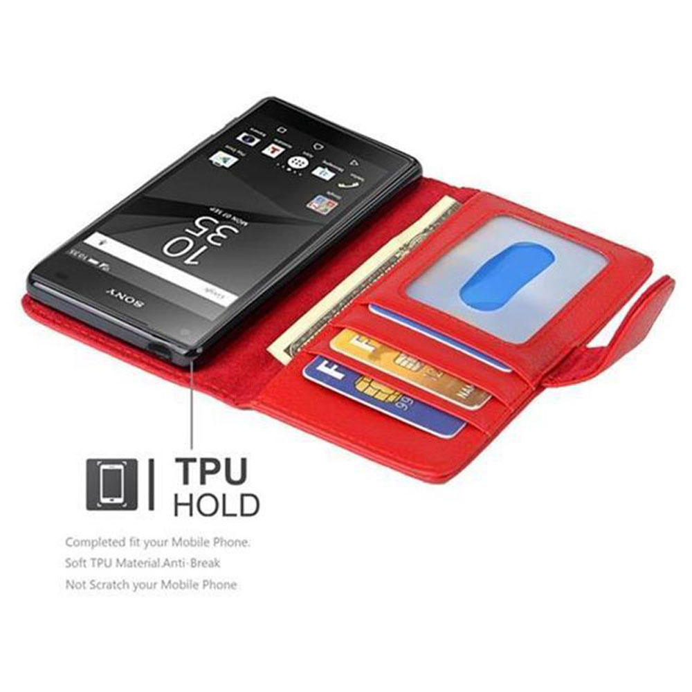 Cartera de cuero roja con smartphone Sony, tarjetas y efectivo.