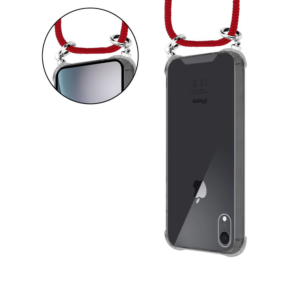 iPhone mit transparentem Hülle und rotem Band.