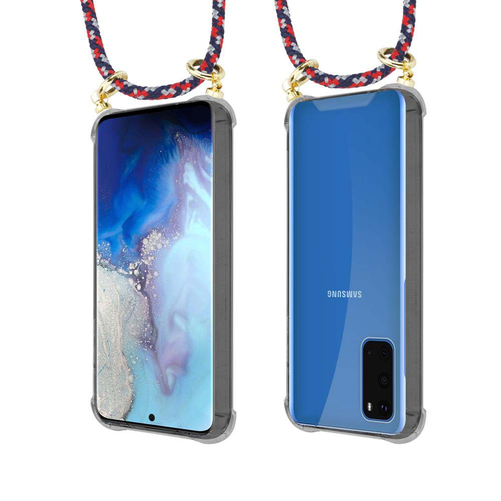 Uno smartphone in custodia trasparente con laccetto, viste frontale e posteriore.