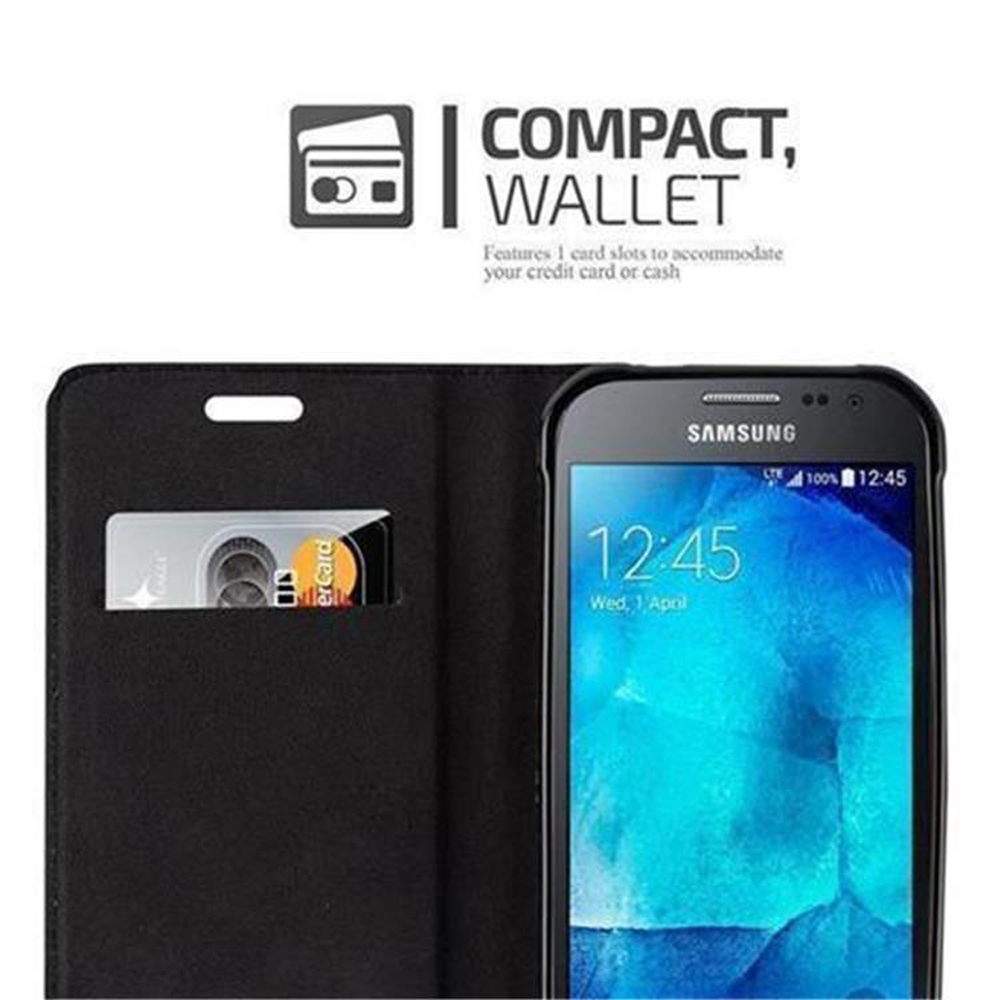 Custodia a portafoglio nera con una carta e un telefono Samsung.