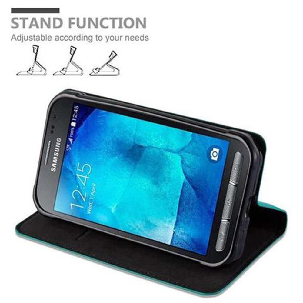 Telefono Samsung in custodia teal con funzione stand