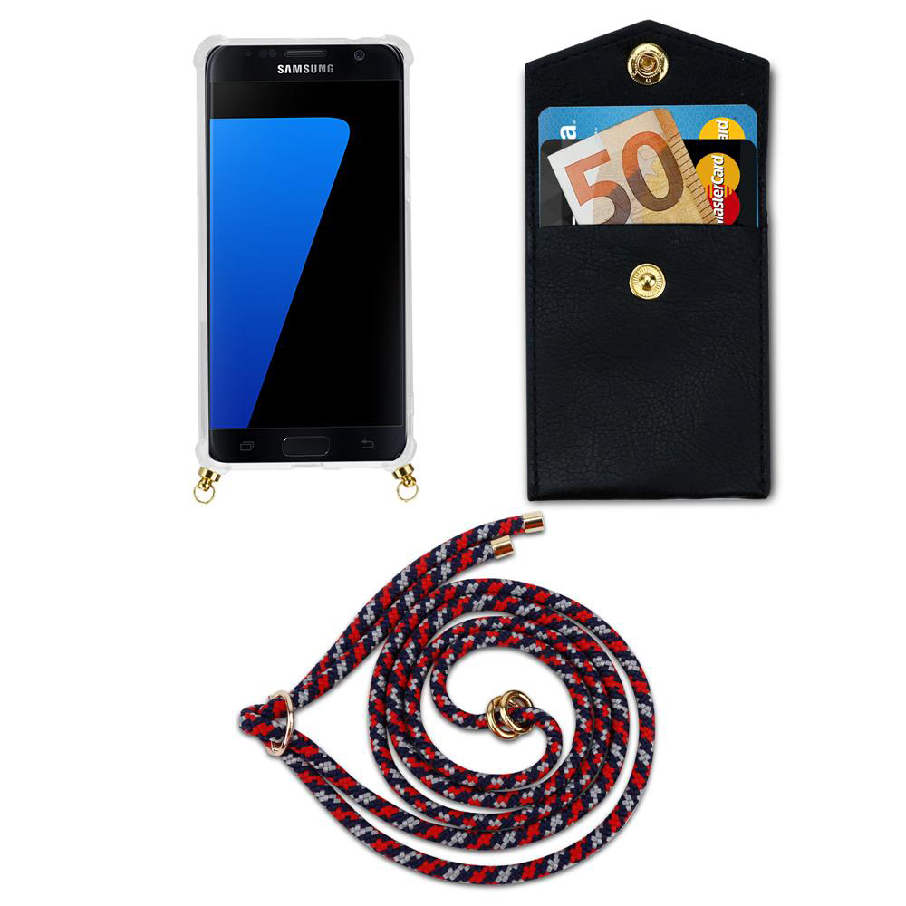 Un Samsung in custodia, portafoglio con carte e soldi, e un cordino.