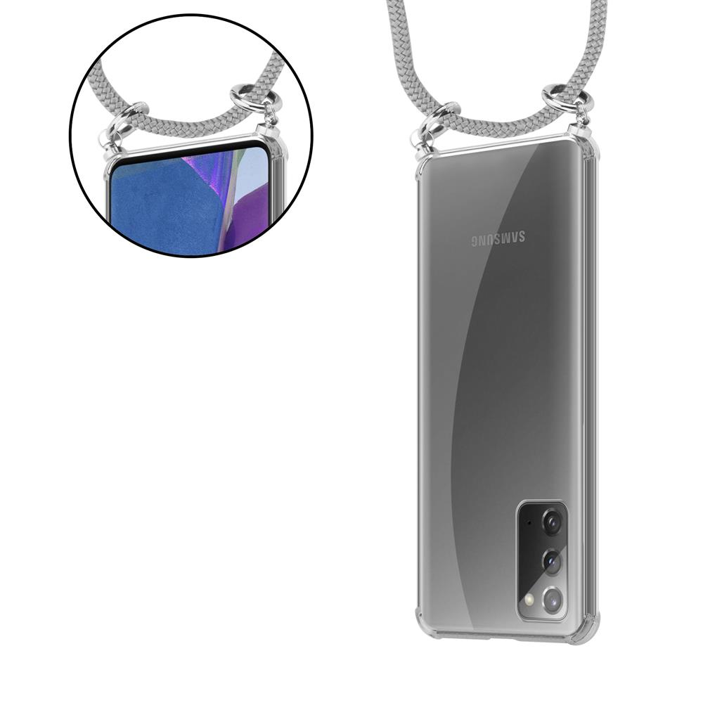 Custodia trasparente per telefono con cinturino grigio attaccato a un telefono Samsung.