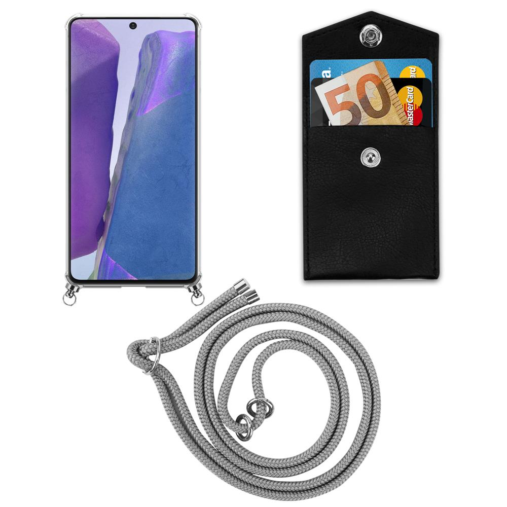 Smartphone con custodia, tasca nera con banconota da 50€ e carta, cordino grigio.