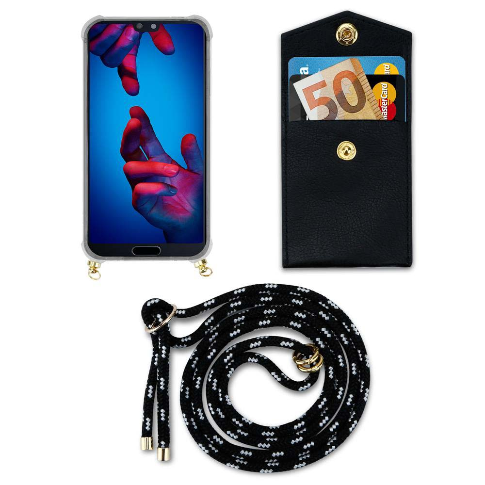 Un telefono con custodia, un portafoglio con carte e contanti, e un laccio da collo nero.